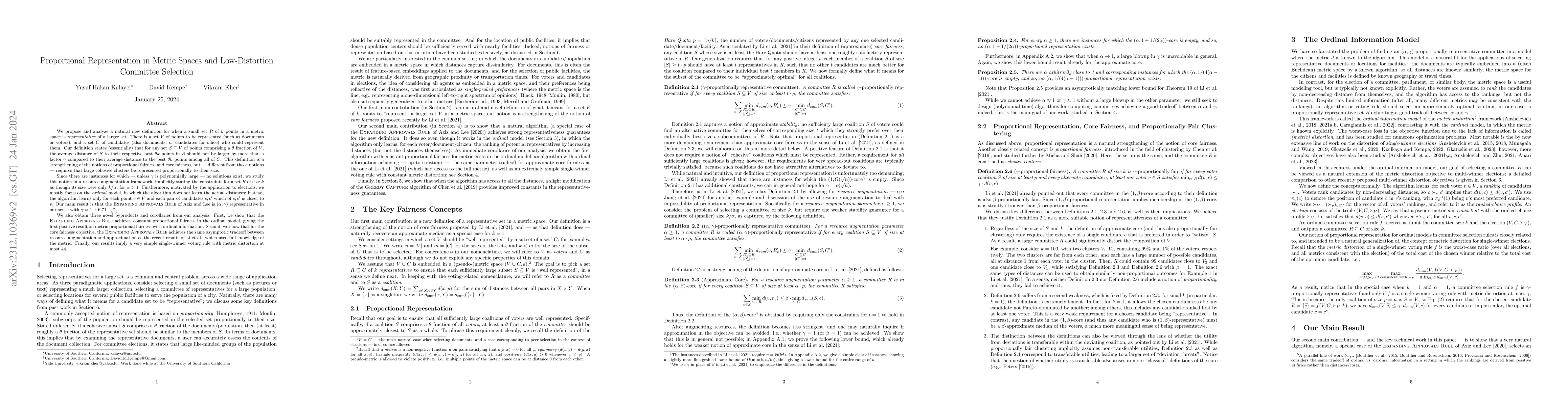 Thumbnail for Proportional Representation in Metric Spaces and Low-Distortion
  Committee Selection