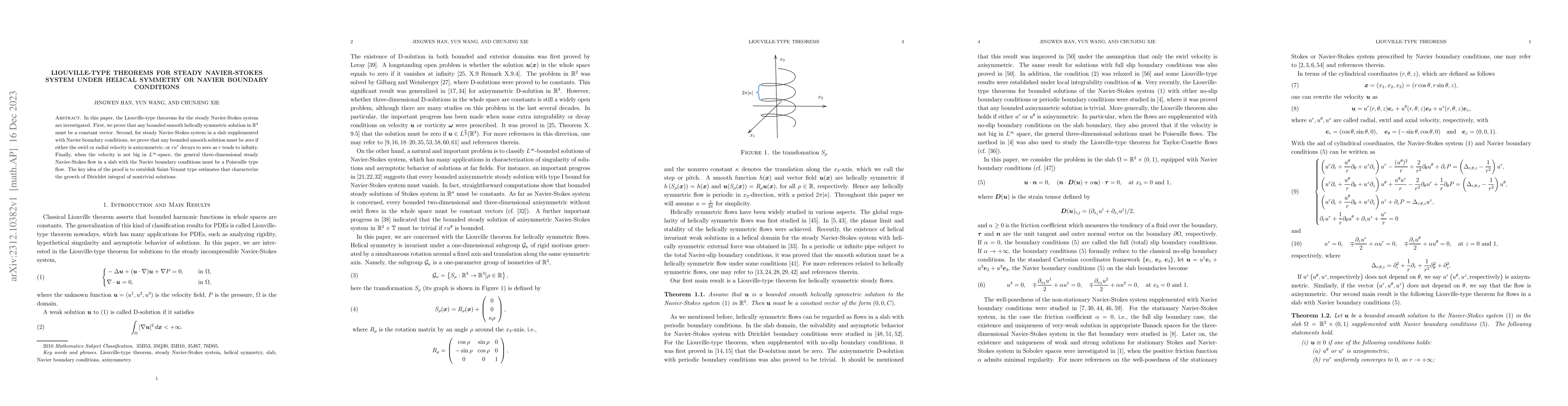 Thumbnail for Liouville-type theorems for steady Navier-Stokes system under helical
  symmetry or Navier boundary conditions