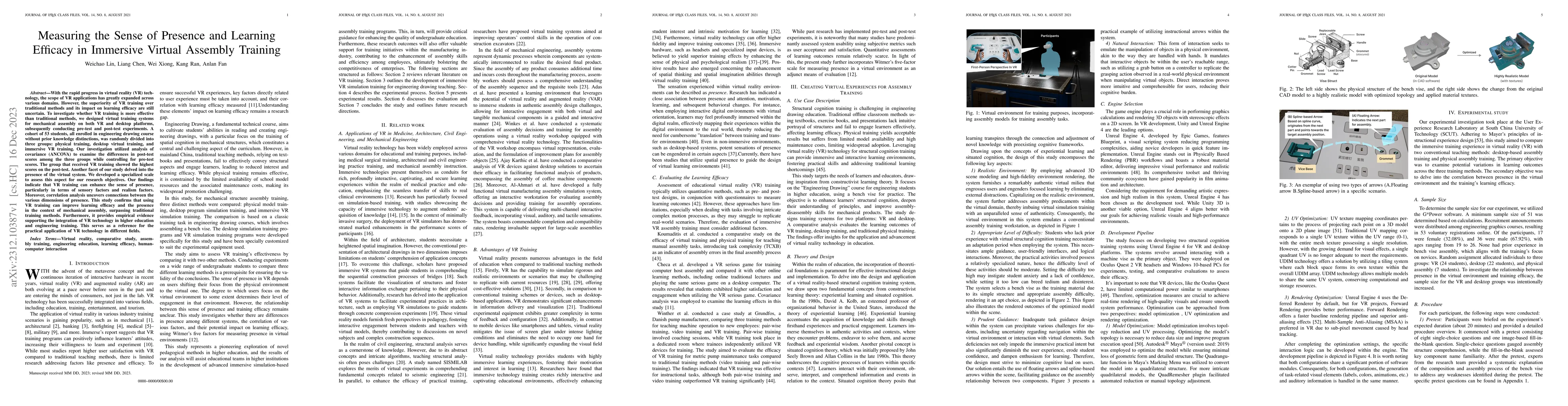 Thumbnail for Measuring the Sense of Presence and Learning Efficacy in Immersive
  Virtual Assembly Training