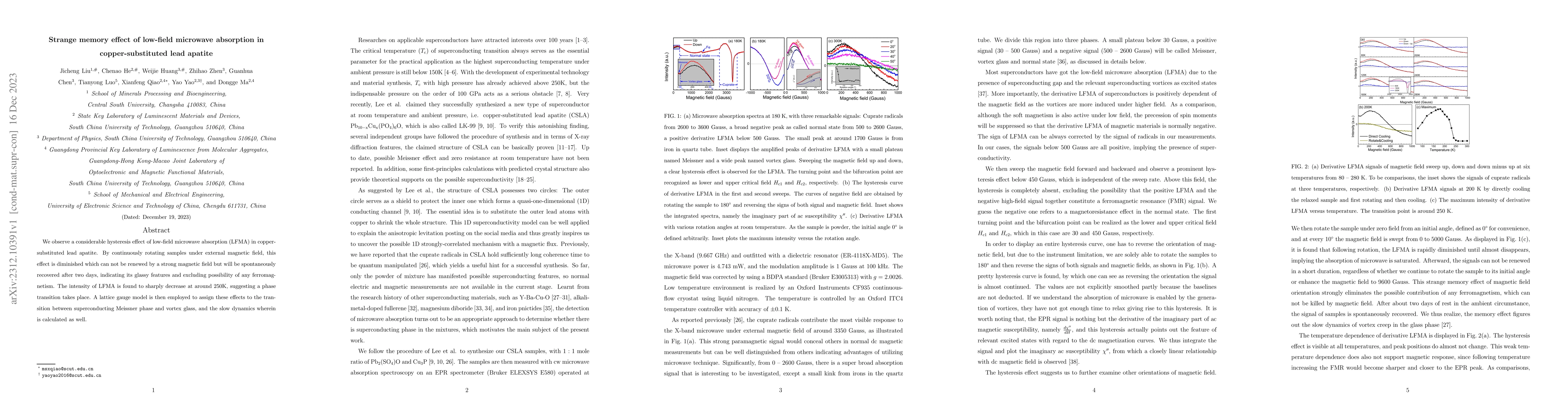 Thumbnail for Strange memory effect of low-field microwave absorption in
  copper-substituted lead apatite