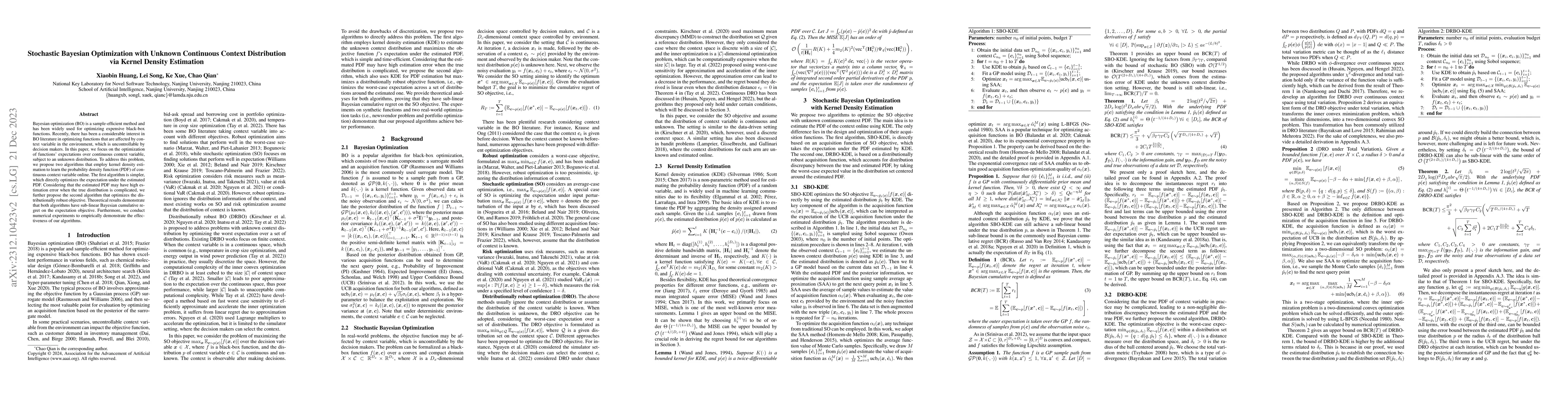 Thumbnail for Stochastic Bayesian Optimization with Unknown Continuous Context
  Distribution via Kernel Density Estimation