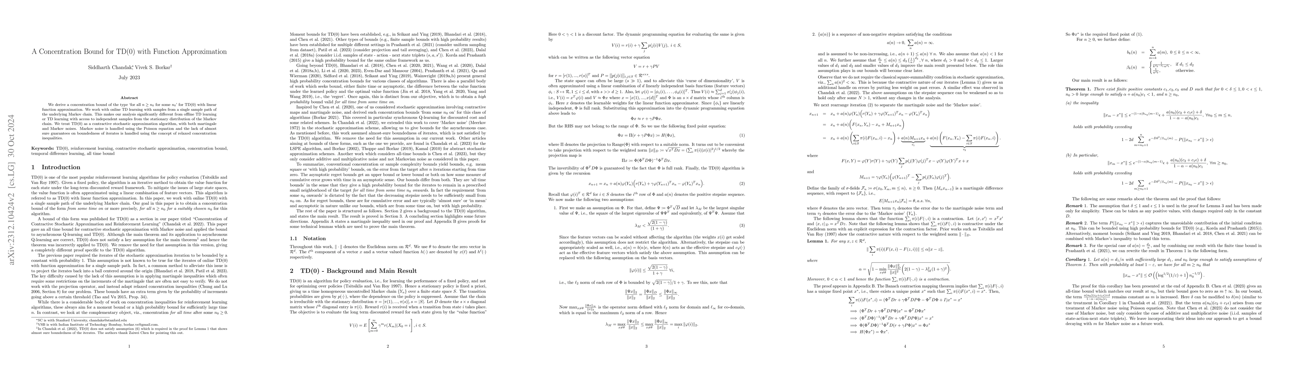 Thumbnail for A Concentration Bound for TD(0) with Function Approximation