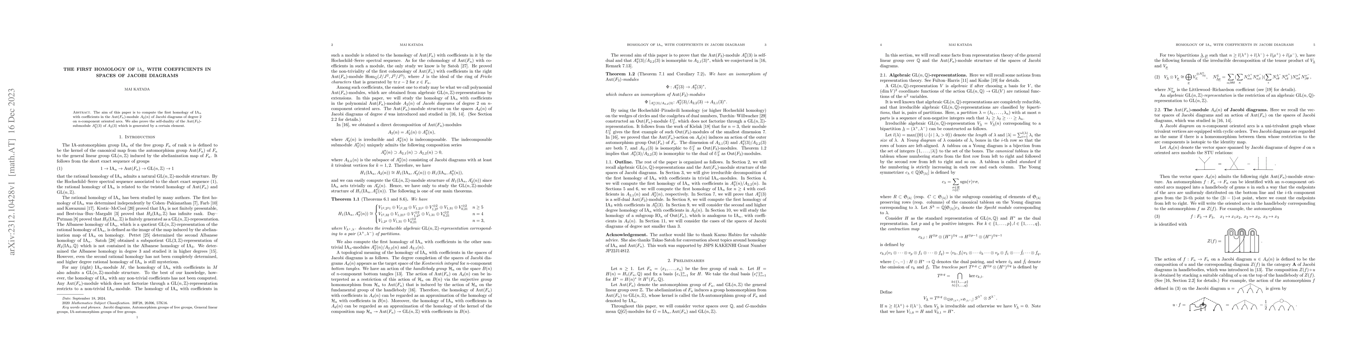 Thumbnail for The first homology of $\operatorname{IA}_n$ with coefficients in spaces
  of Jacobi diagrams