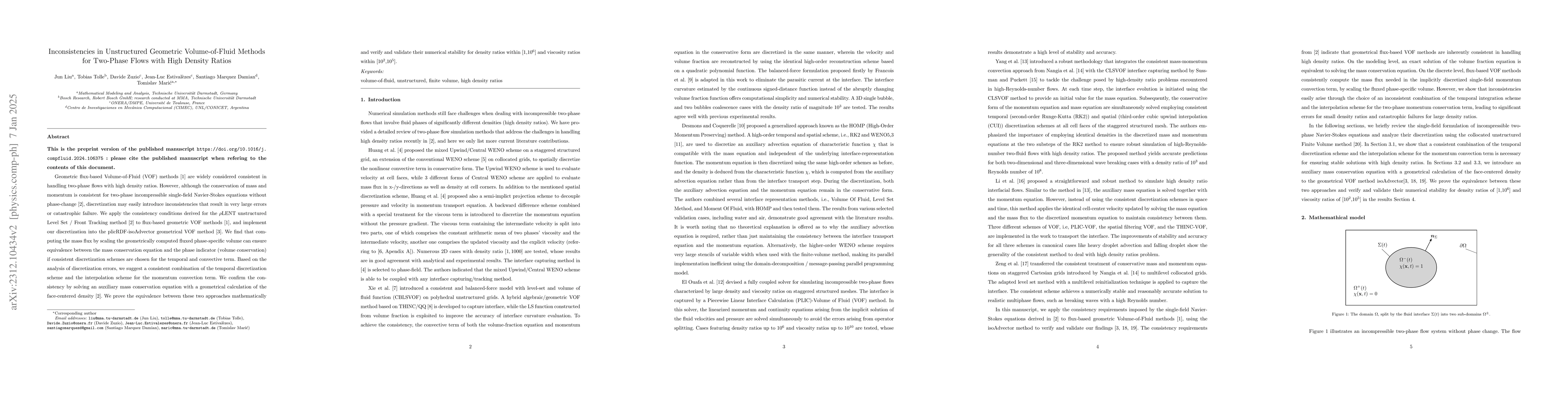 Thumbnail for Inconsistencies in Unstructured Geometric Volume-of-Fluid Methods for
  Two-Phase Flows with High Density Ratios