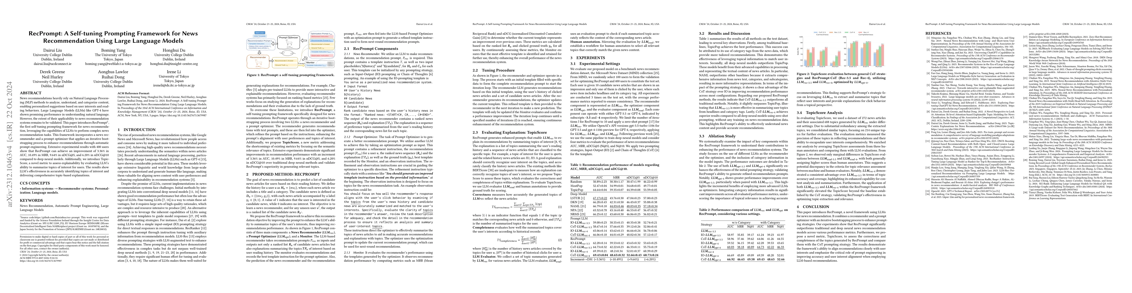 Thumbnail for RecPrompt: A Prompt Tuning Framework for News Recommendation Using Large
  Language Models