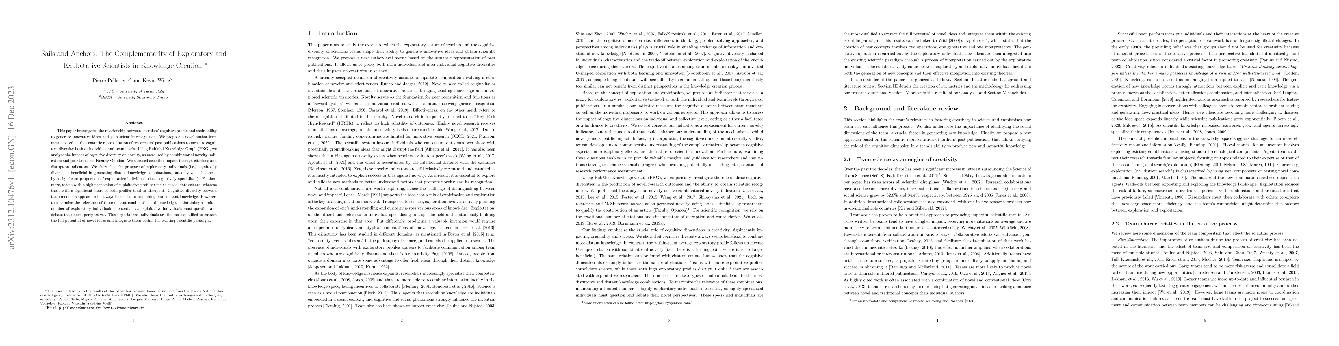 Thumbnail for Sails and Anchors: The Complementarity of Exploratory and Exploitative
  Scientists in Knowledge Creation