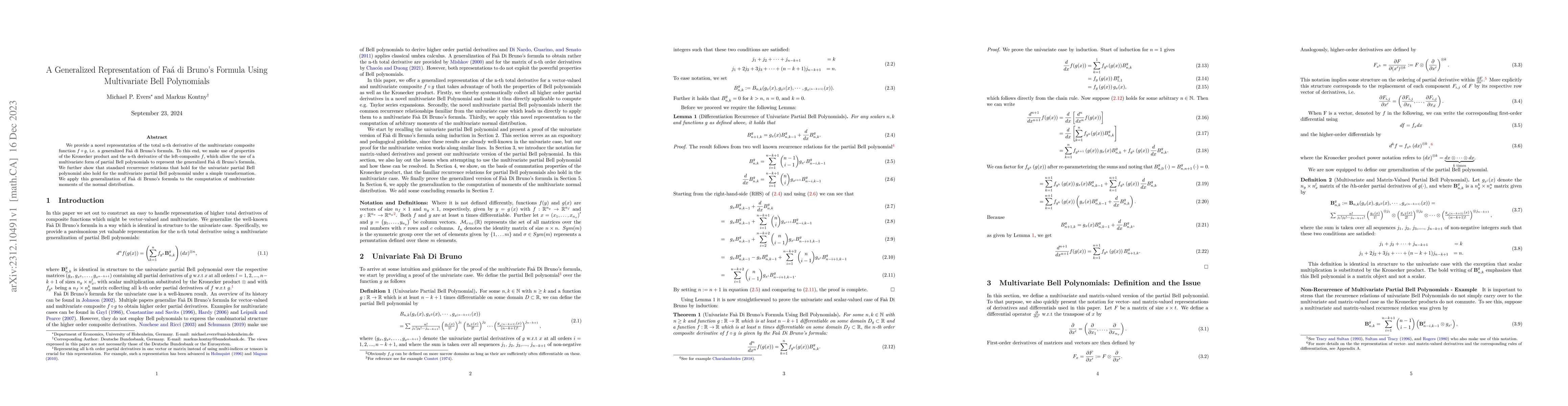 Thumbnail for A Generalized Representation of Fa\'a di Bruno's Formula Using
  Multivariate Bell Polynomials