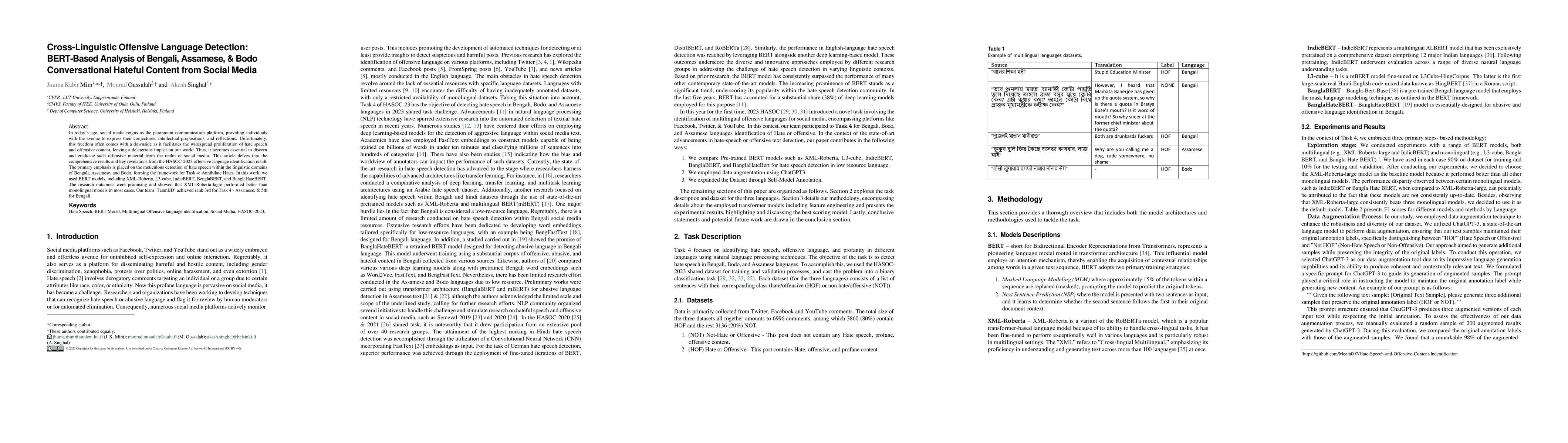 Thumbnail for Cross-Linguistic Offensive Language Detection: BERT-Based Analysis of
  Bengali, Assamese, & Bodo Conversational Hateful Content from Social Media