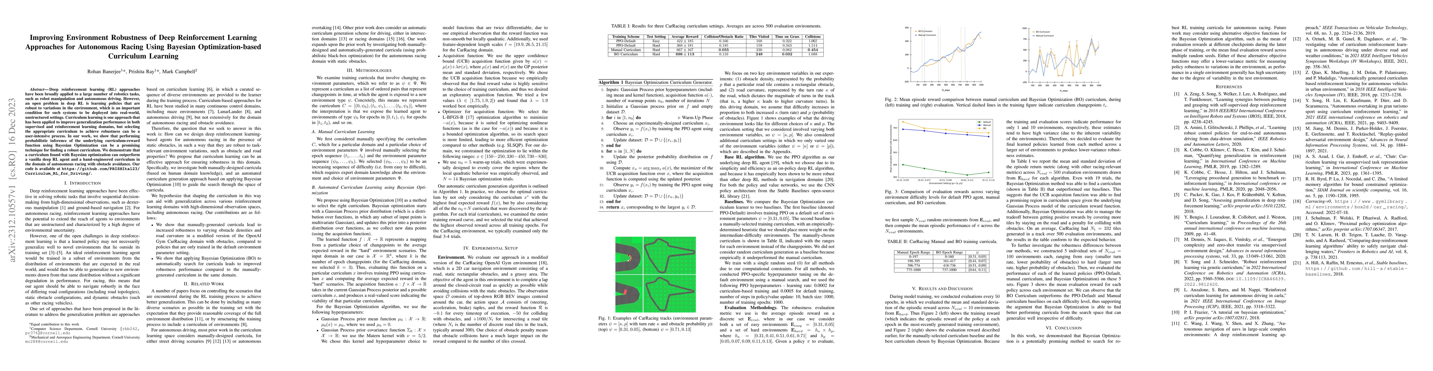 Thumbnail for Improving Environment Robustness of Deep Reinforcement Learning
  Approaches for Autonomous Racing Using Bayesian Optimization-based Curriculum
  Learning