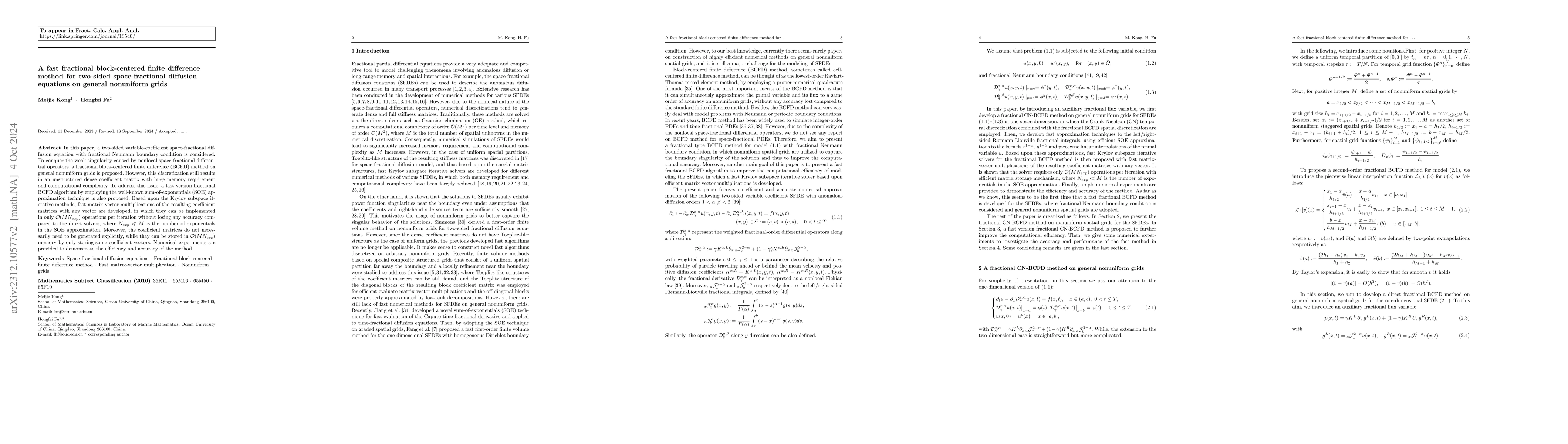 Thumbnail for A fractional block-centered finite difference method for two-sided
  space-fractional diffusion equations on general nonuniform grids and its fast
  implementation