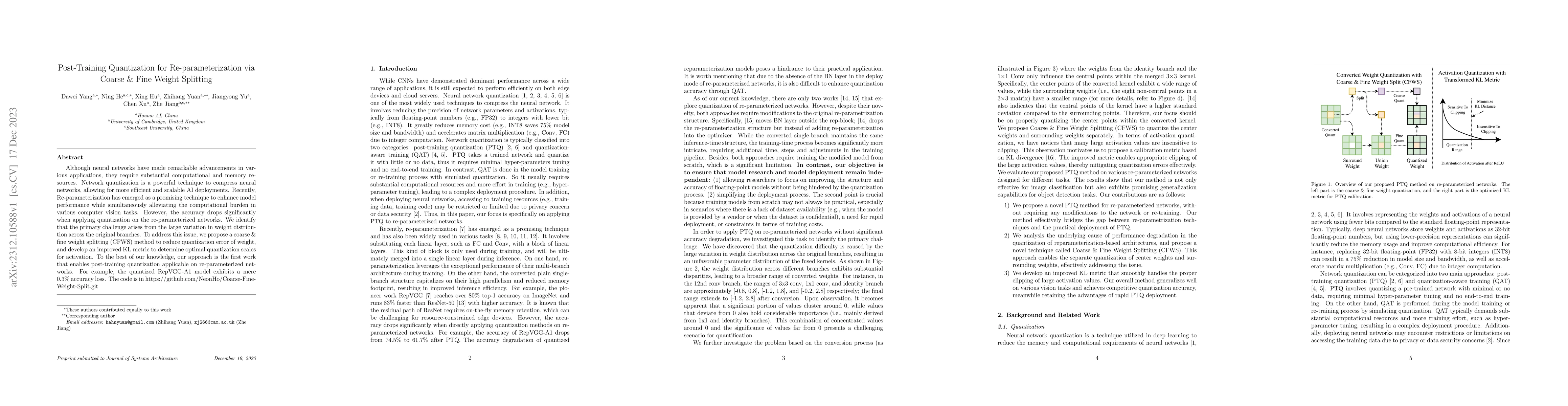 Thumbnail for Post-Training Quantization for Re-parameterization via Coarse & Fine
  Weight Splitting