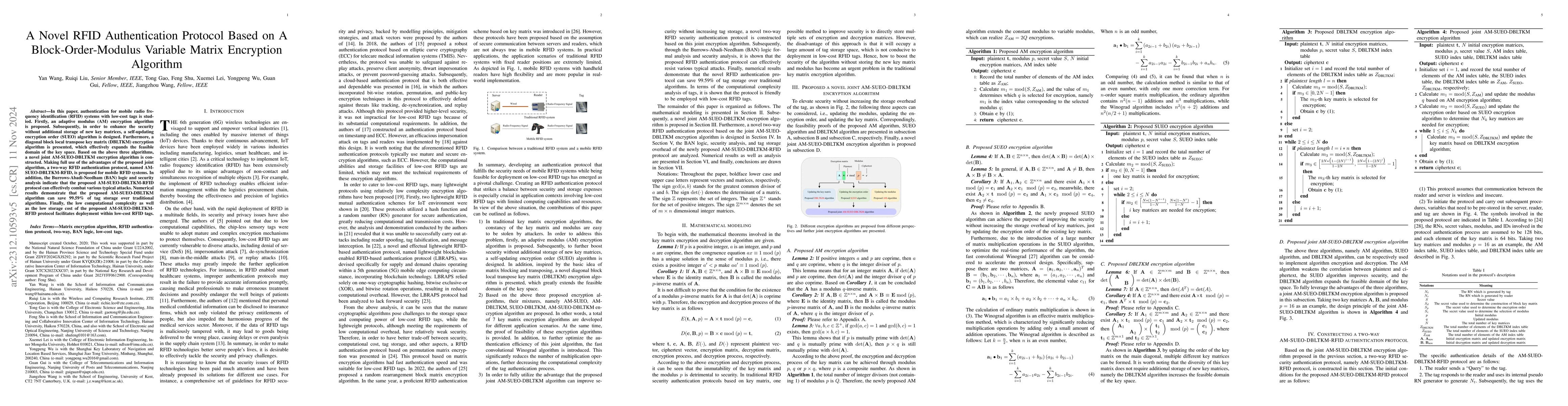 Thumbnail for A Novel RFID Authentication Protocol Based on A Block-Order-Modulus
  Variable Matrix Encryption Algorithm