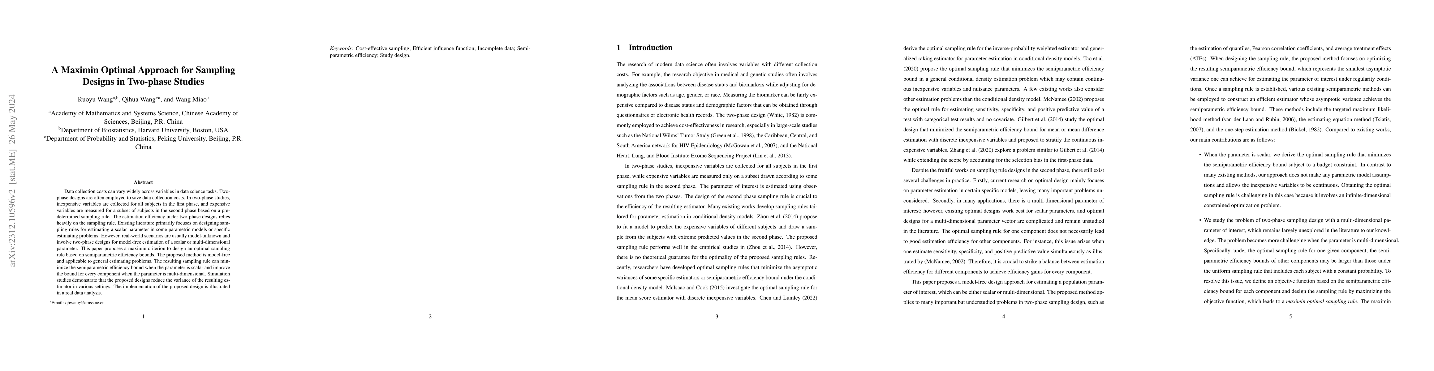 Thumbnail for A maximin optimal approach for sampling designs in two-phase studies