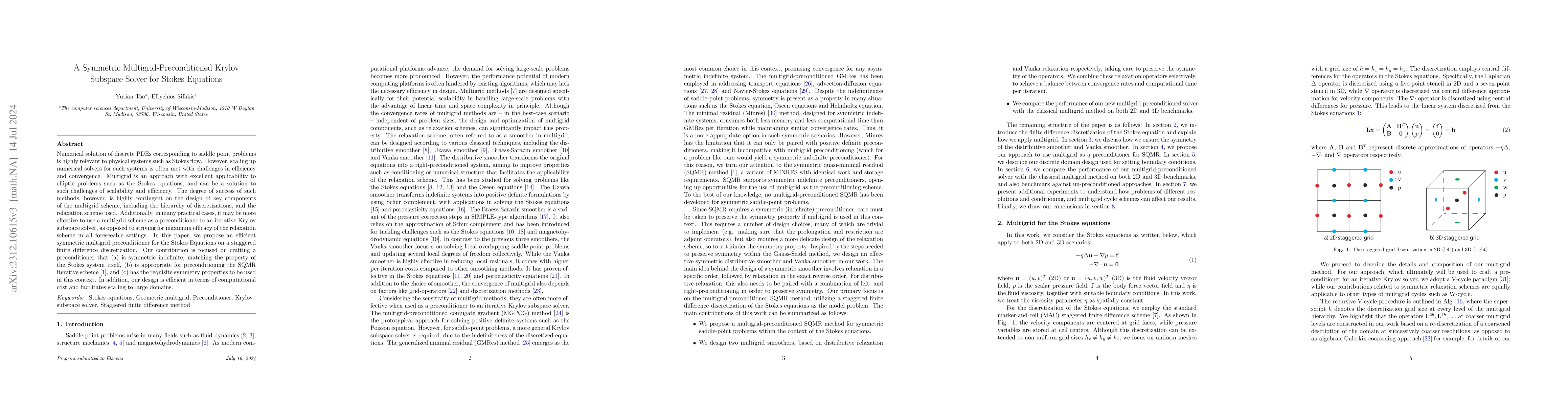 Thumbnail for A Symmetric Multigrid-Preconditioned Krylov Subspace Solver for Stokes
  Equations