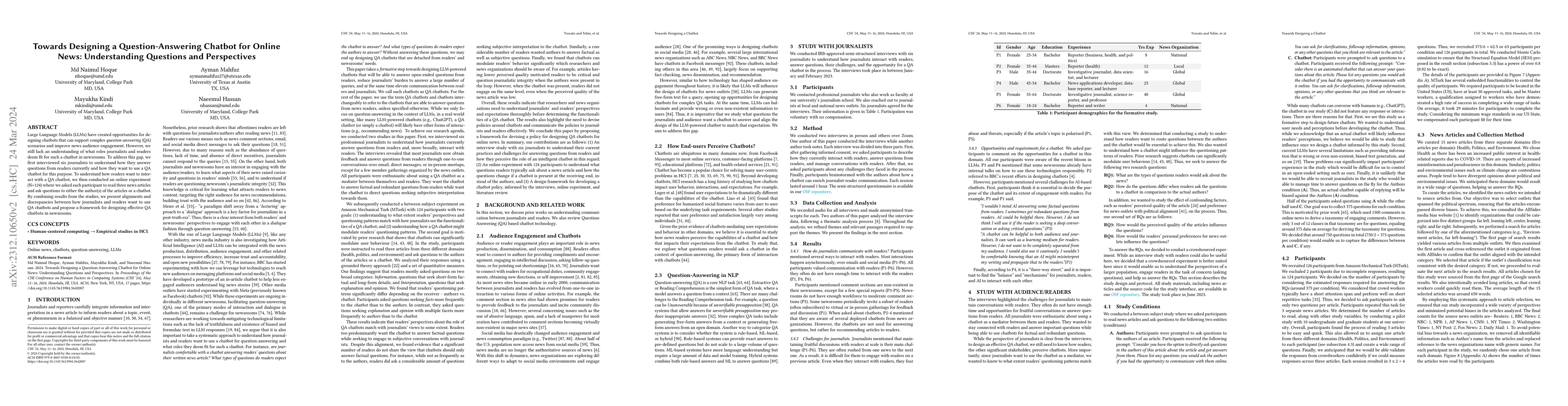Thumbnail for Towards Designing a Question-Answering Chatbot for Online News:
  Understanding Questions and Perspectives