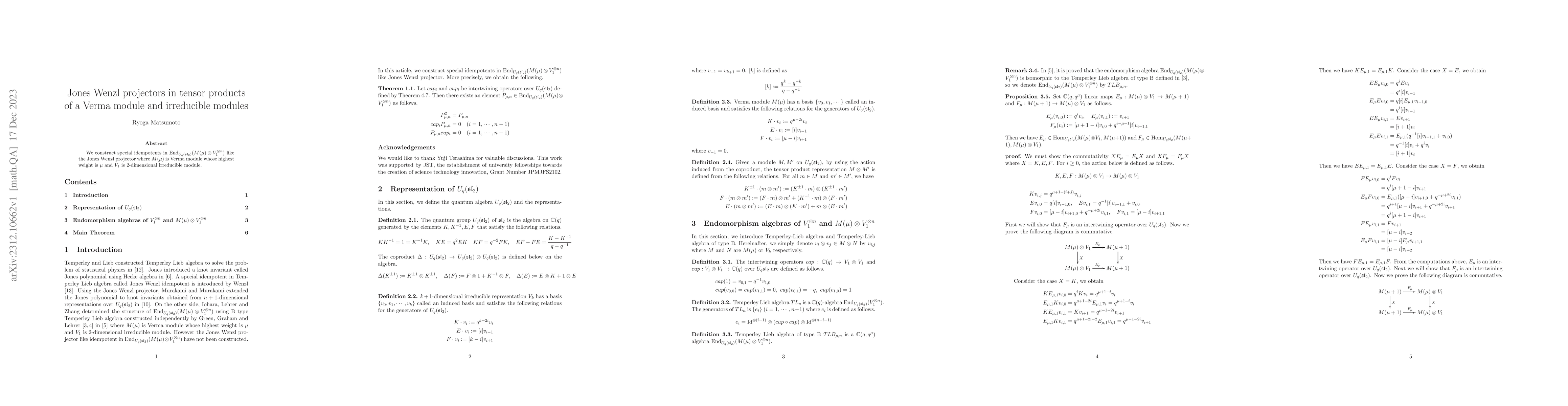 Thumbnail for Jones Wenzl projectors in tensor products of a Verma module and
  irreducible modules