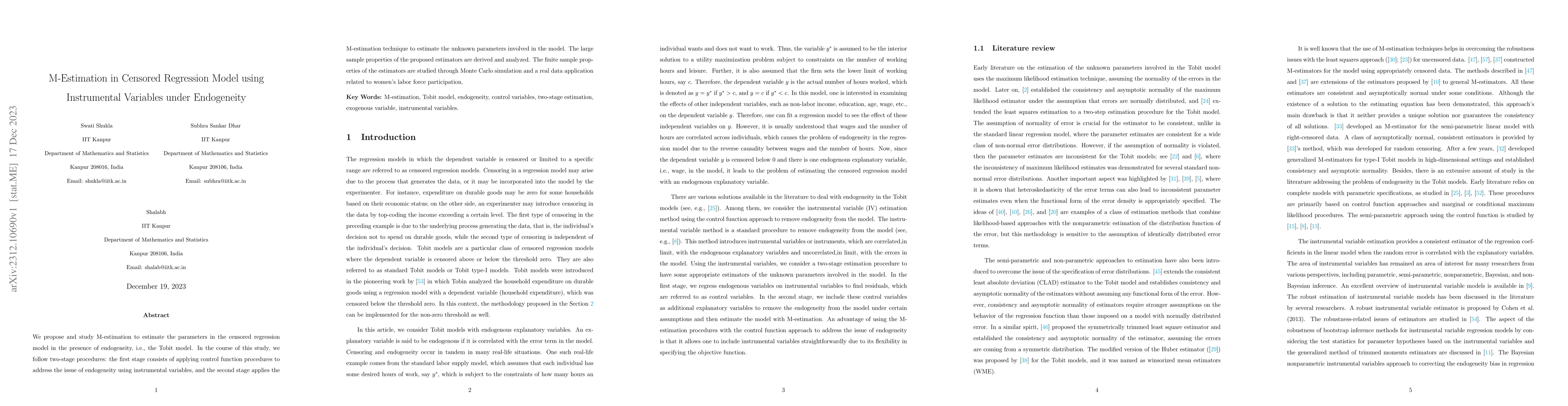 Thumbnail for M-Estimation in Censored Regression Model using Instrumental Variables
  under Endogeneity