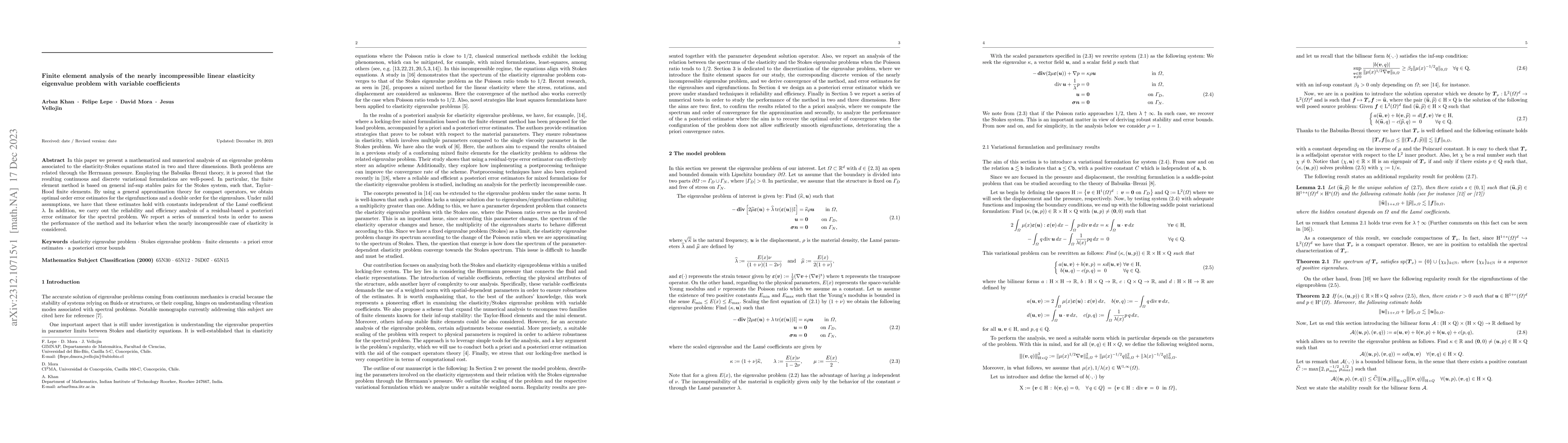 Thumbnail for Finite element analysis of the nearly incompressible linear elasticity
  eigenvalue problem with variable coefficients