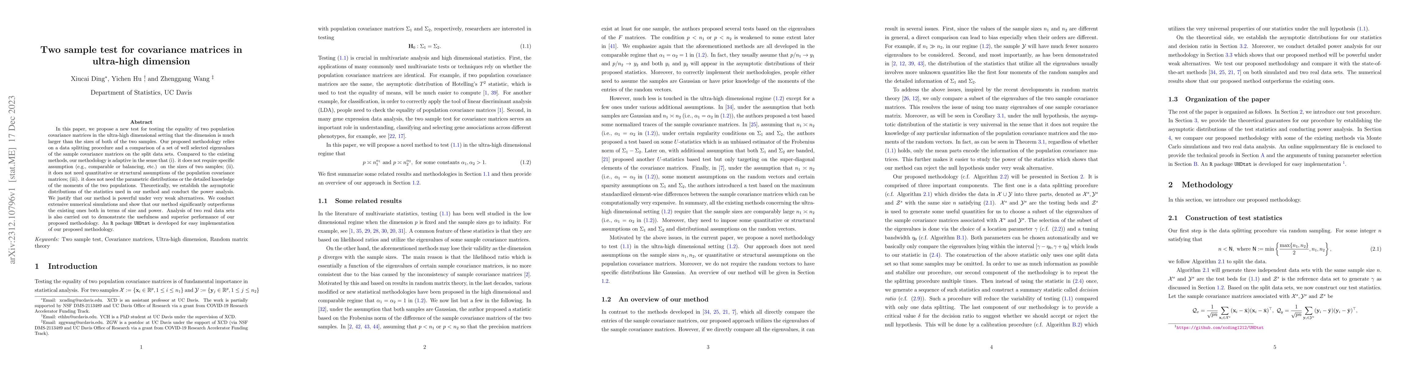 Thumbnail for Two sample test for covariance matrices in ultra-high dimension
