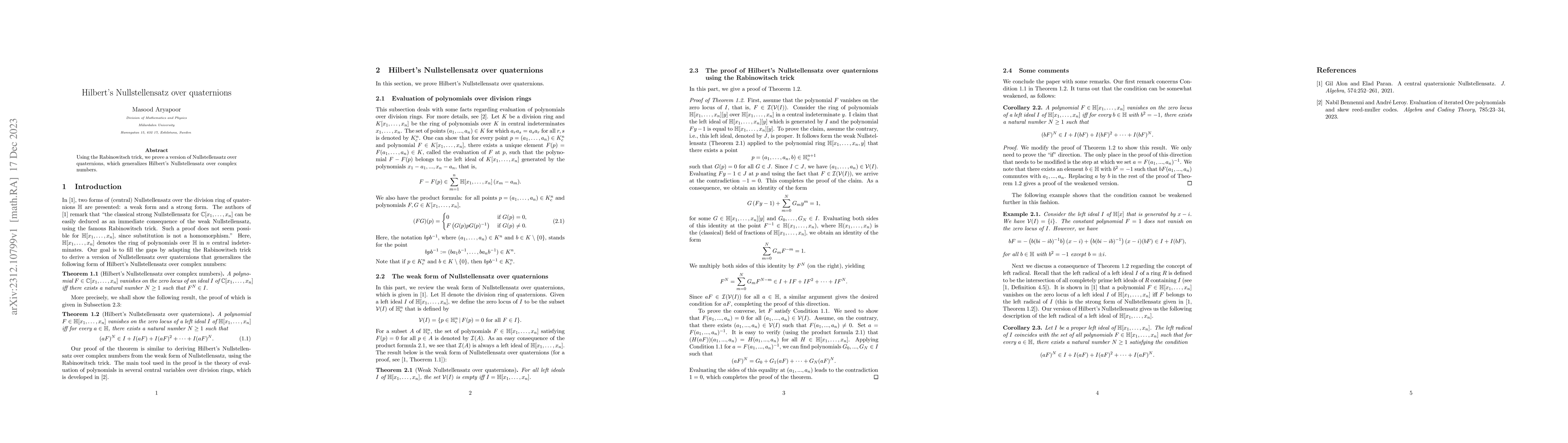 Thumbnail for Hilbert's Nullstellensatz over quaternions