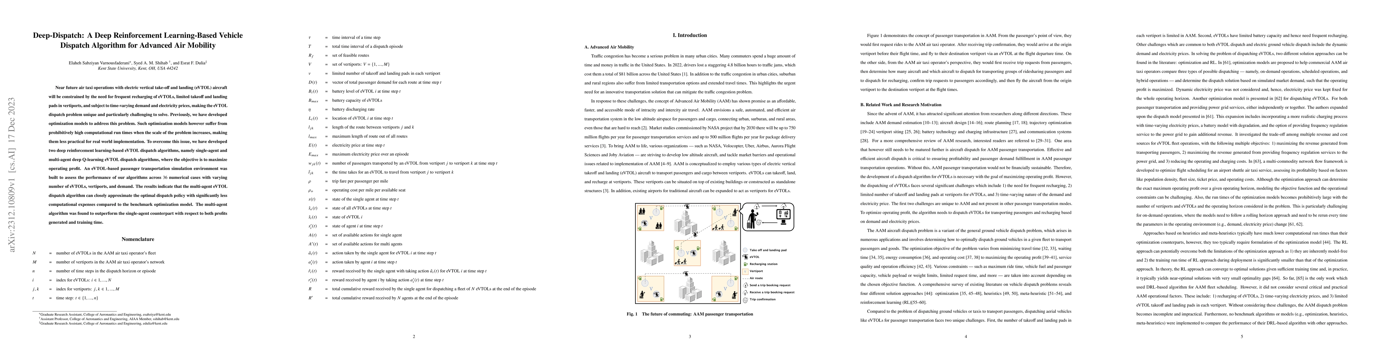 Thumbnail for Deep-Dispatch: A Deep Reinforcement Learning-Based Vehicle Dispatch
  Algorithm for Advanced Air Mobility