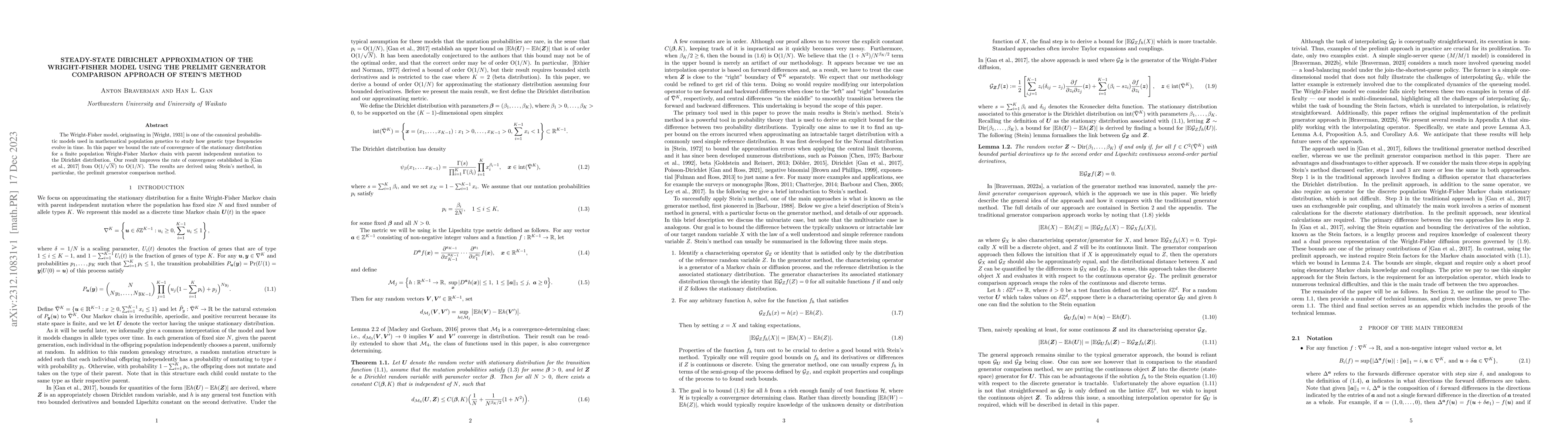 Thumbnail for Steady-state Dirichlet approximation of the Wright-Fisher model using
  the prelimit generator comparison approach of Stein's method