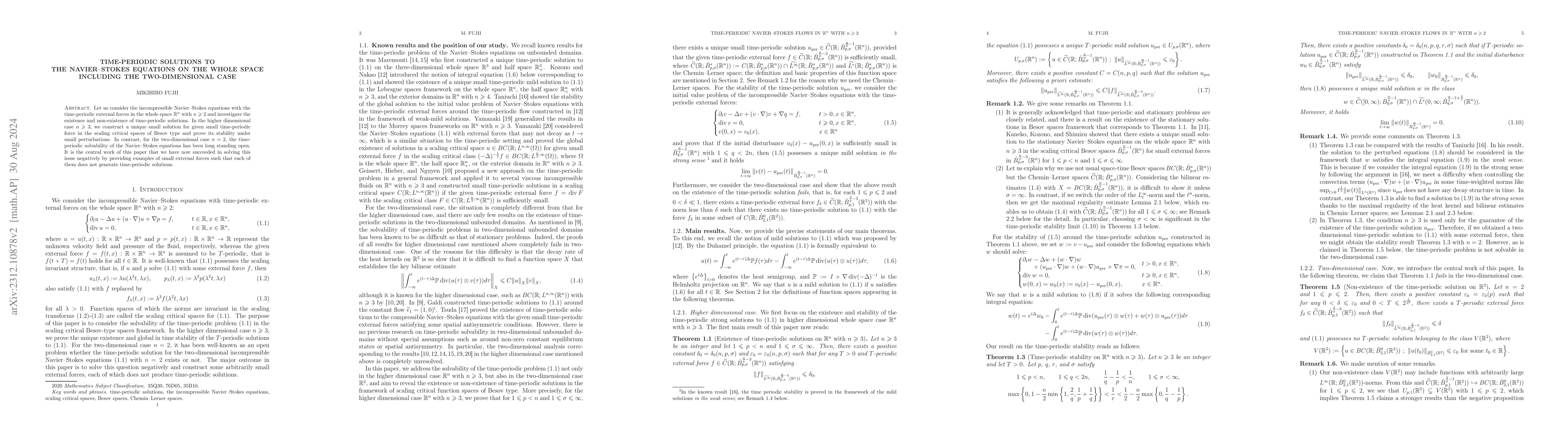 Thumbnail for Time-periodic solutions to the Navier--Stokes equations on the whole
  space including the two-dimensional case