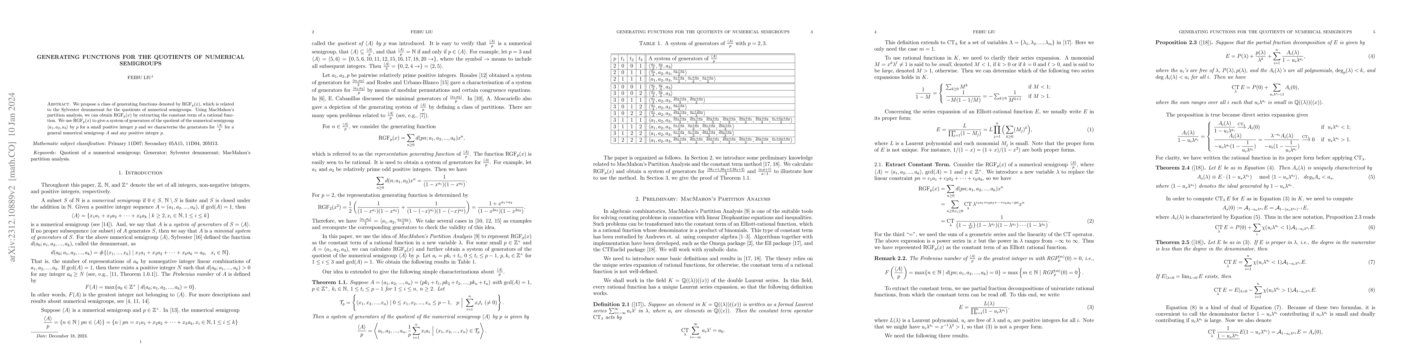 Thumbnail for Generating functions for the quotients of numerical semigroups