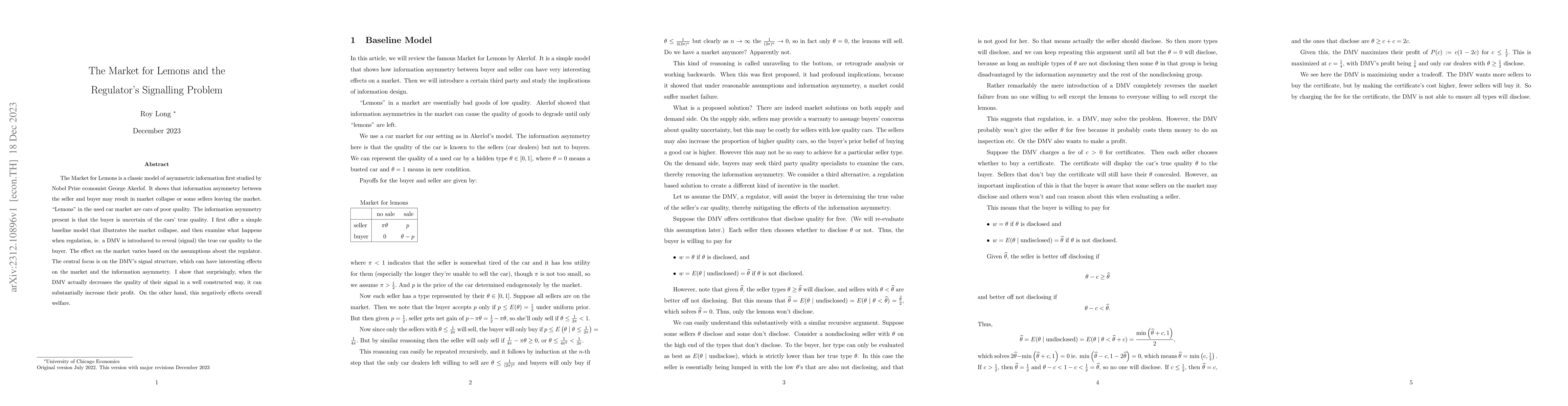 Thumbnail for The Market for Lemons and the Regulator's Signalling Problem