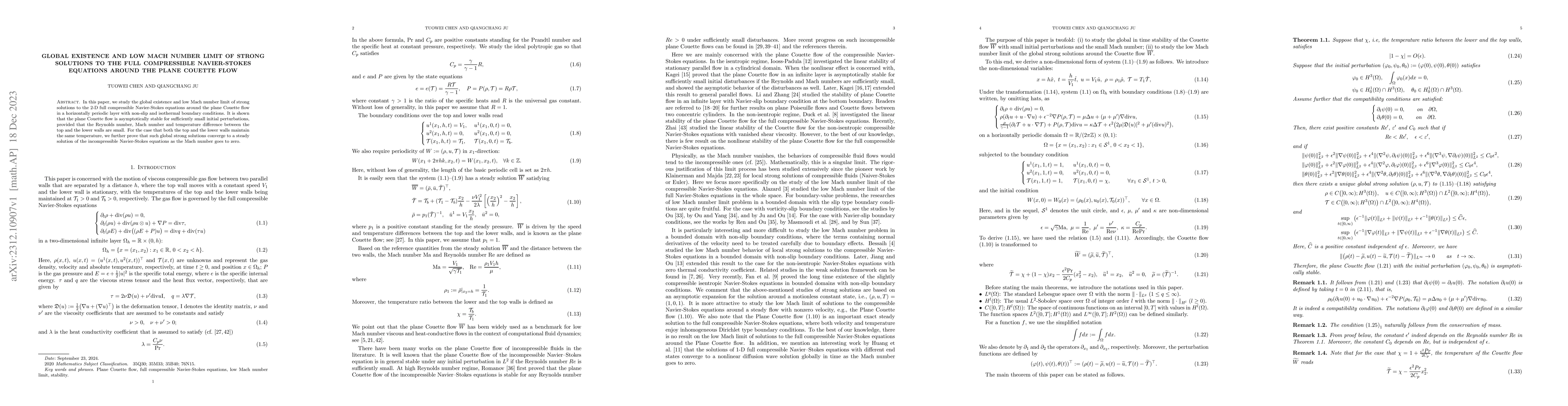 Thumbnail for Global existence and low mach number limit of strong solutions to the
  full compressible Navier-Stokes equations around the plane Couette flow