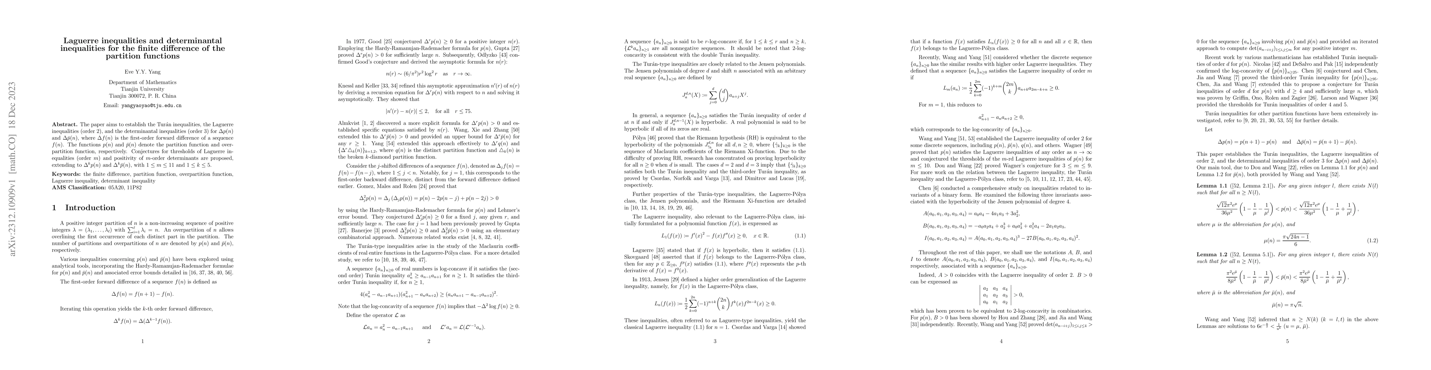 Thumbnail for Laguerre inequalities and determinantal inequalities for the finite
  difference of the partition functions