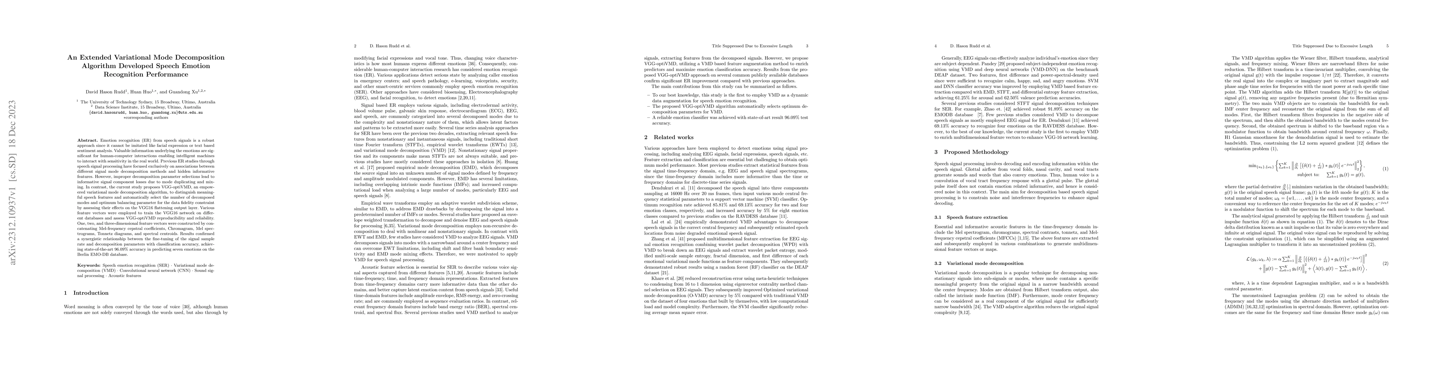 Thumbnail for An Extended Variational Mode Decomposition Algorithm Developed Speech
  Emotion Recognition Performance