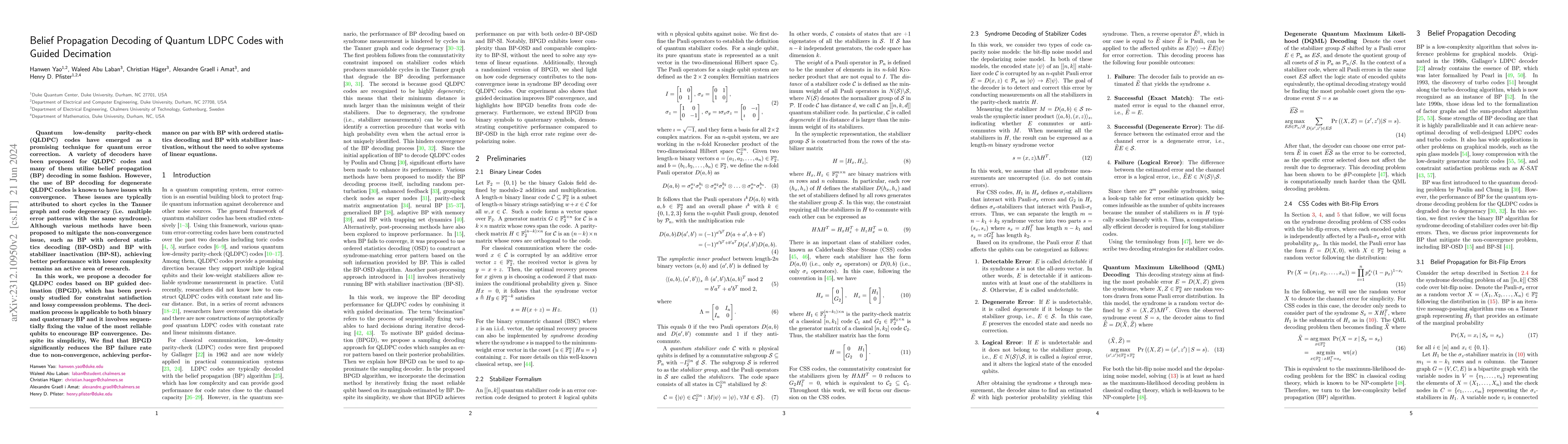 Thumbnail for Belief Propagation Decoding of Quantum LDPC Codes with Guided Decimation