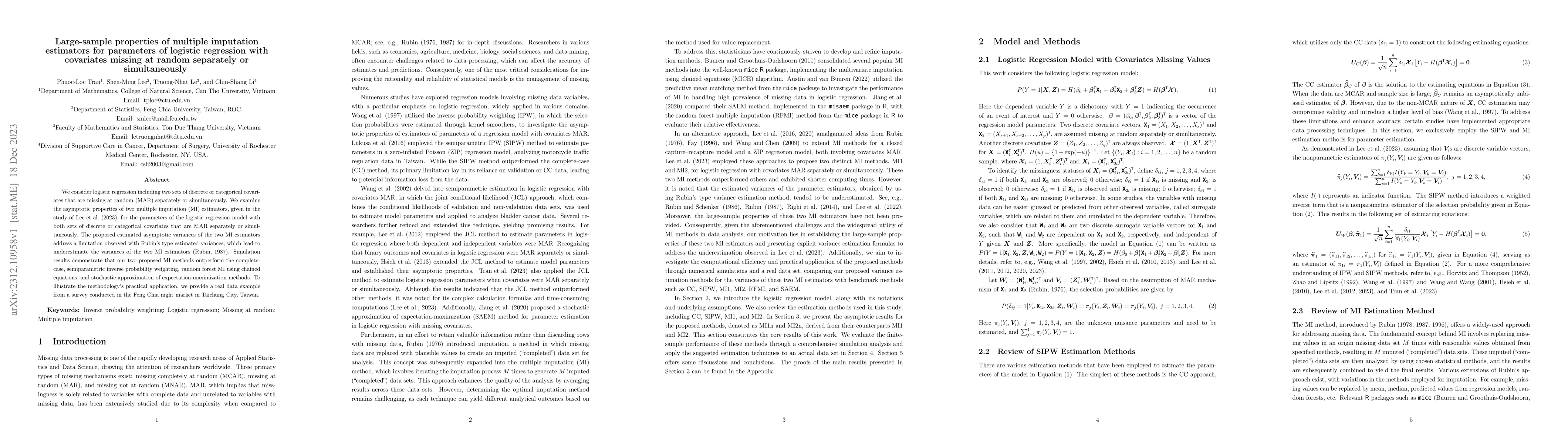 Thumbnail for Large-sample properties of multiple imputation estimators for parameters
  of logistic regression with covariates missing at random separately or
  simultaneously