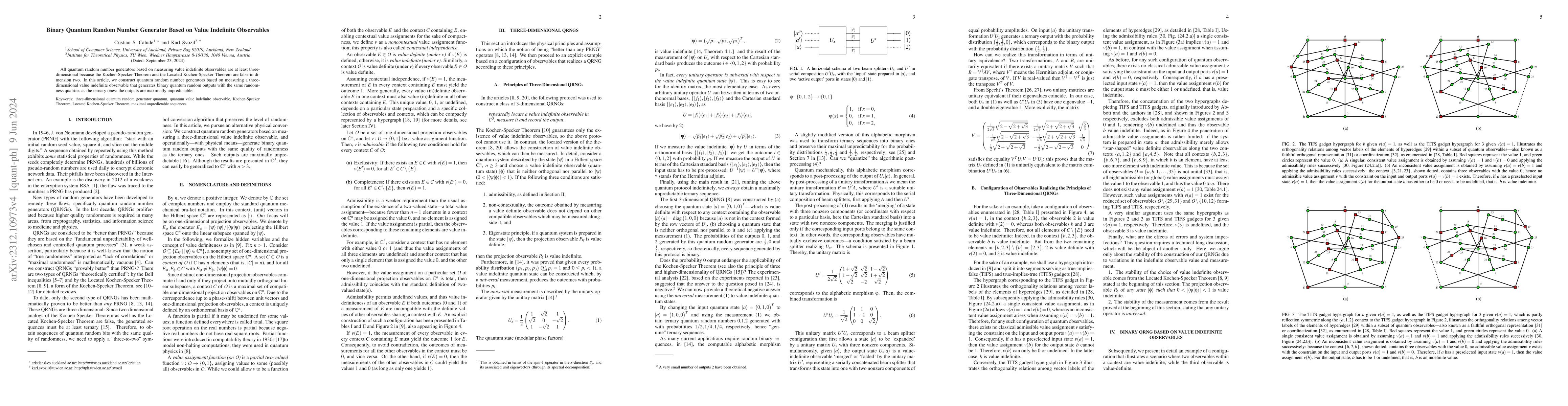 Thumbnail for Binary Quantum Random Number Generator Based on Value Indefinite
  Observables