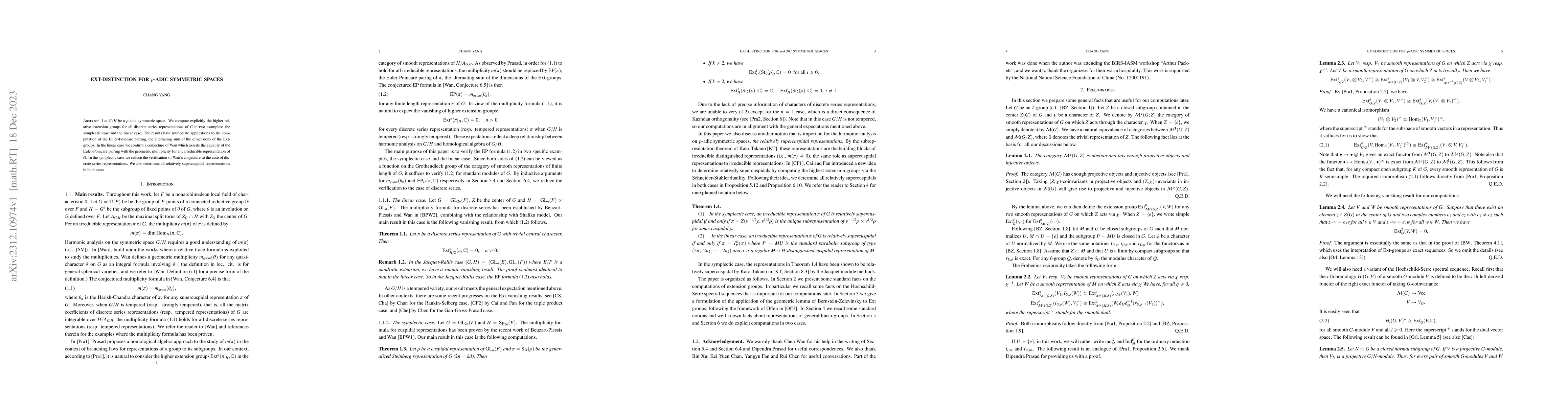 Thumbnail for Ext-distinction for $p$-adic symmetric spaces