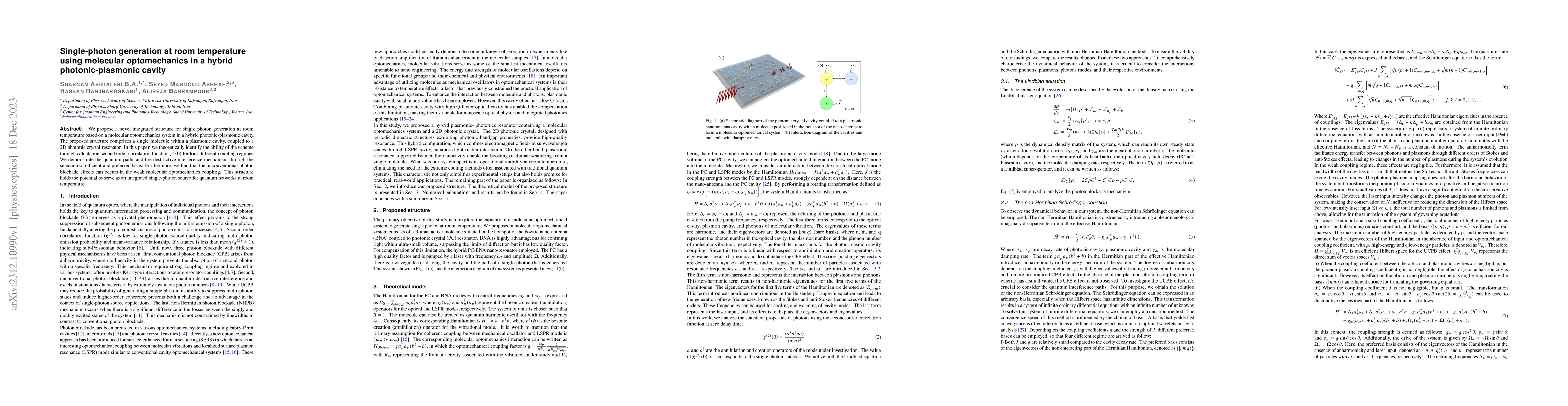 Thumbnail for Single-photon generation at room temperature using molecular
  optomechanics in a hybrid photonic-plasmonic cavity