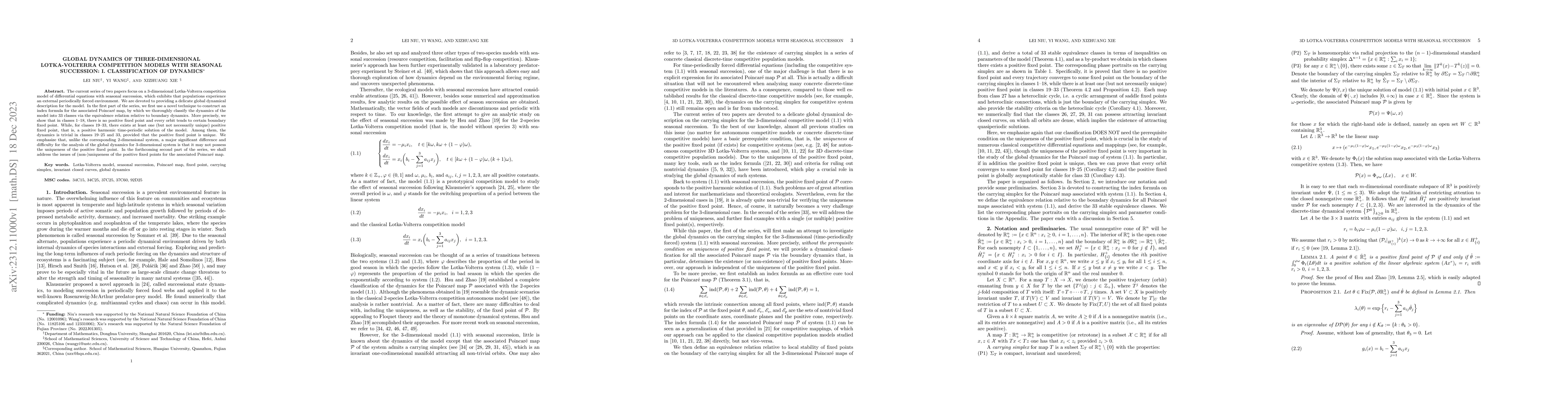 Thumbnail for Global dynamics of three-dimensional Lotka-Volterra competition models
  with seasonal succession: I. Classification of dynamics