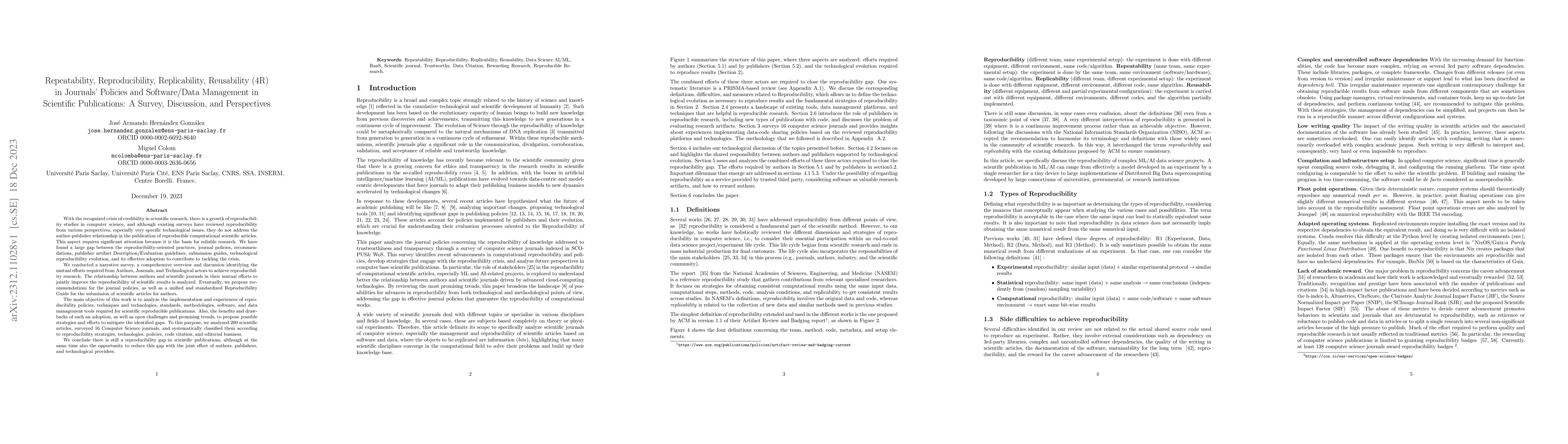 Thumbnail for Repeatability, Reproducibility, Replicability, Reusability (4R) in
  Journals' Policies and Software/Data Management in Scientific Publications: A
  Survey, Discussion, and Perspectives