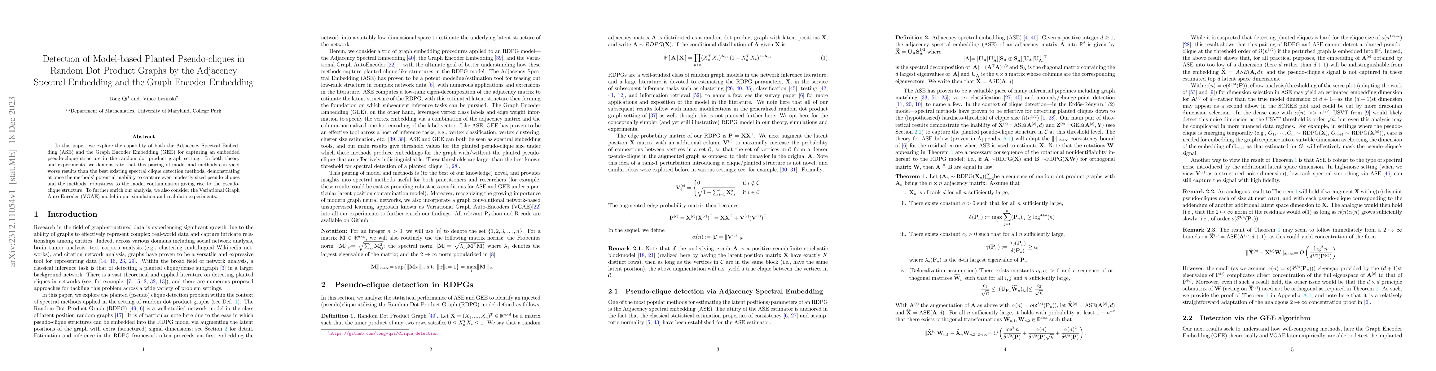 Thumbnail for Detection of Model-based Planted Pseudo-cliques in Random Dot Product
  Graphs by the Adjacency Spectral Embedding and the Graph Encoder Embedding