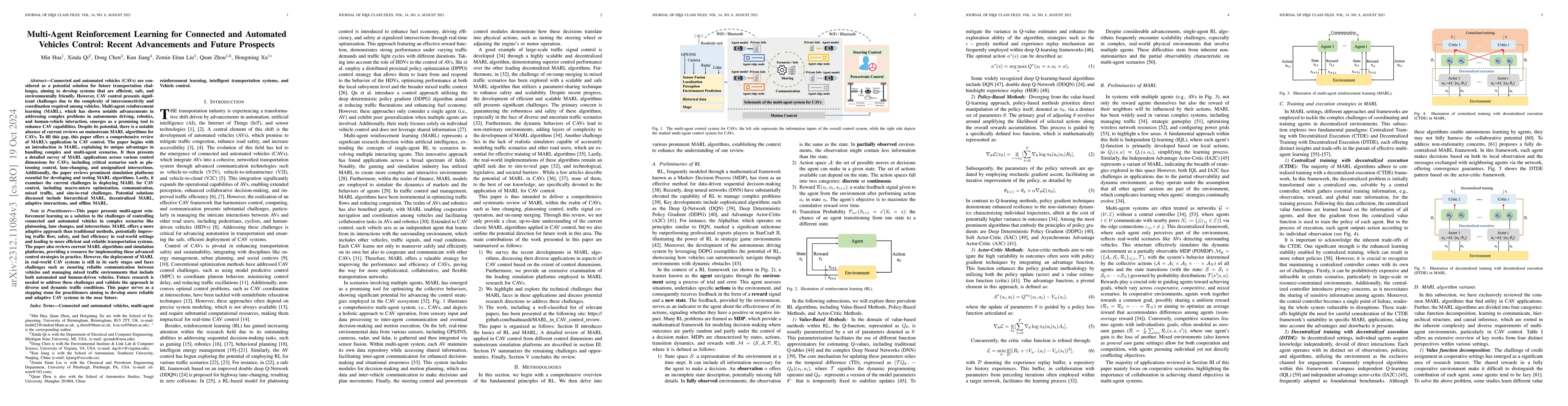Thumbnail for Multi-Agent Reinforcement Learning for Connected and Automated Vehicles
  Control: Recent Advancements and Future Prospects