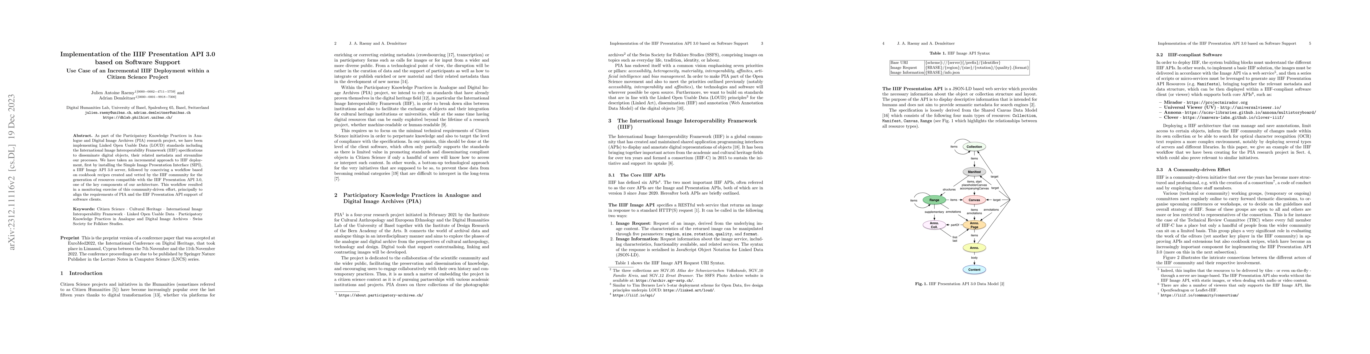 Thumbnail for Implementation of the IIIF Presentation API 3.0 based on Software
  Support: Use Case of an Incremental IIIF Deployment within a Citizen Science
  Project