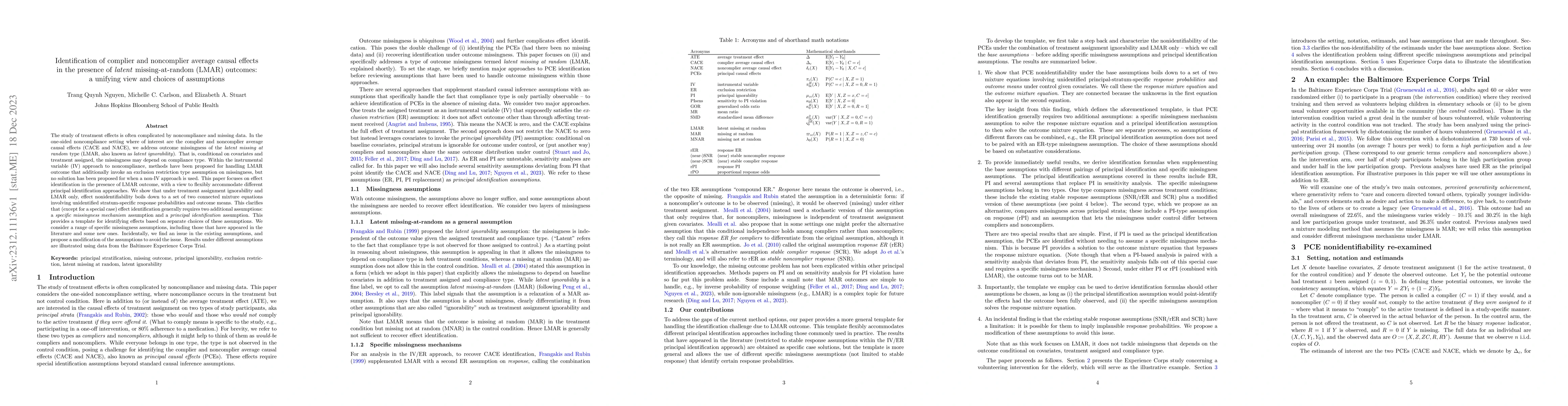 Thumbnail for Identification of complier and noncomplier average causal effects in the
  presence of latent missing-at-random (LMAR) outcomes: a unifying view and
  choices of assumptions