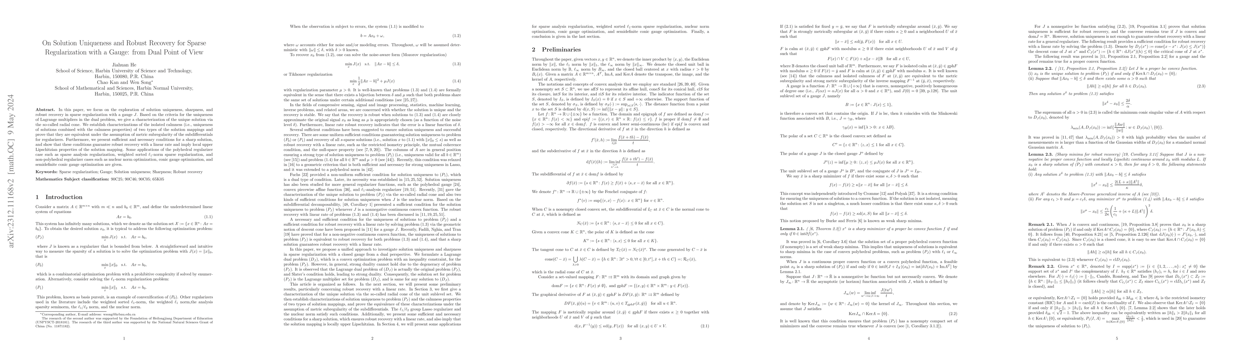 Thumbnail for On Solution Uniqueness and Robust Recovery for Sparse Regularization
  with a Gauge: from Dual Point of View