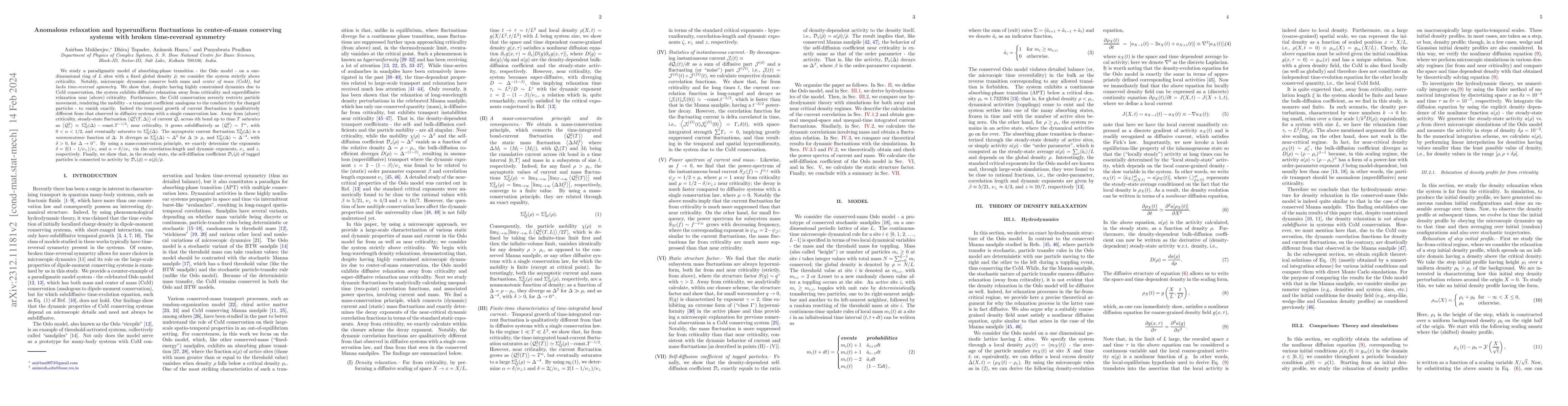 Thumbnail for Anomalous relaxation and hyperuniform fluctuations in center-of-mass
  conserving systems with broken time-reversal symmetry