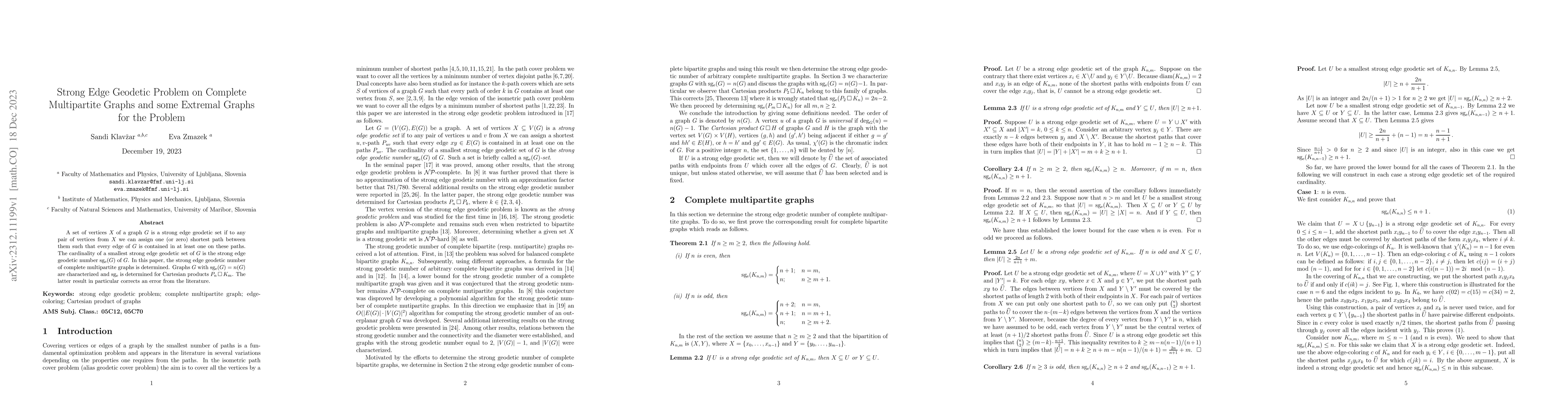 Thumbnail for Strong Edge Geodetic Problem on Complete Multipartite Graphs and some
  Extremal Graphs for the Problem
