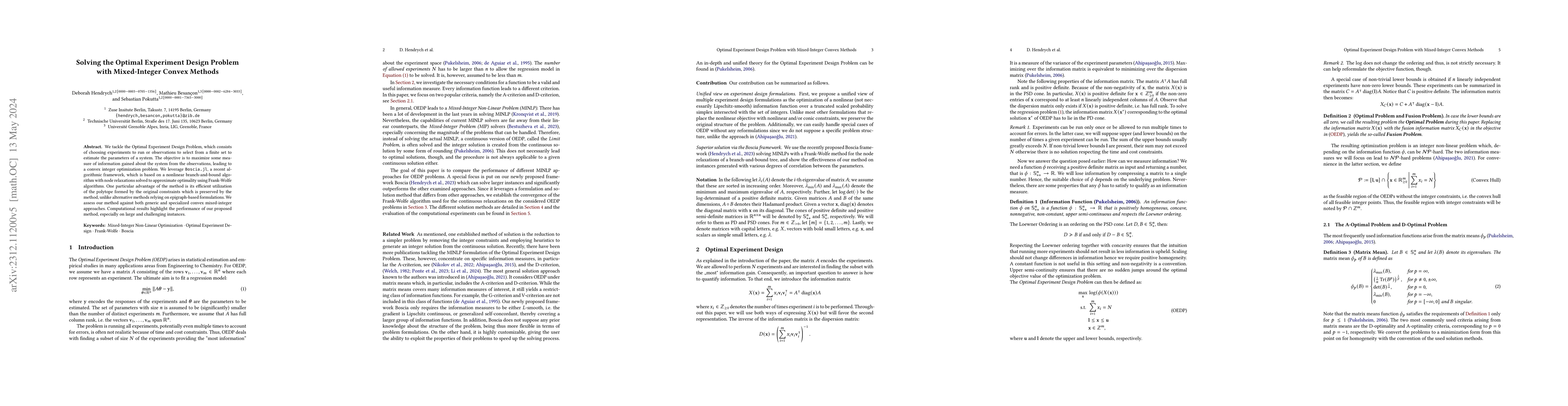 Thumbnail for Solving the Optimal Experiment Design Problem with Mixed-Integer Convex
  Methods