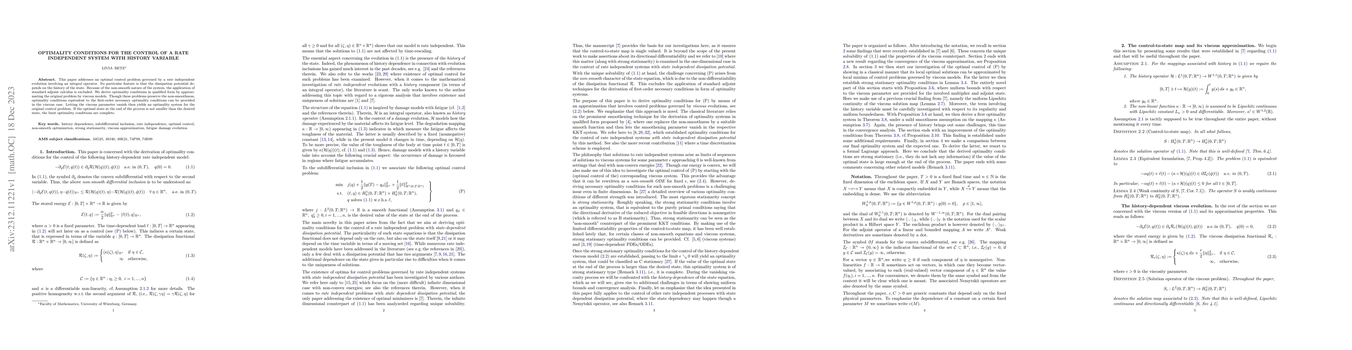 Thumbnail for Optimality conditions for the control of a rate independent system with
  history variable