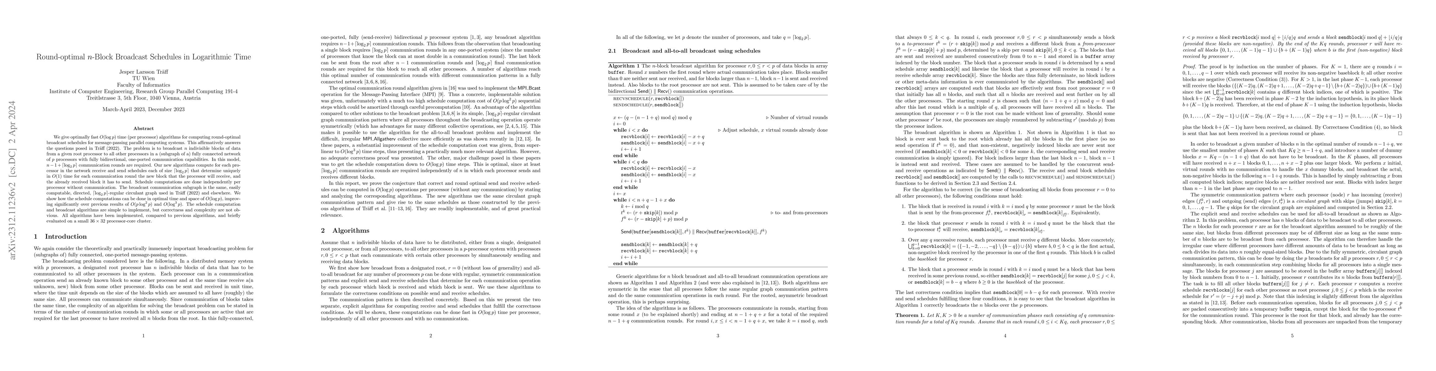Thumbnail for Round-optimal $n$-Block Broadcast Schedules in Logarithmic Time