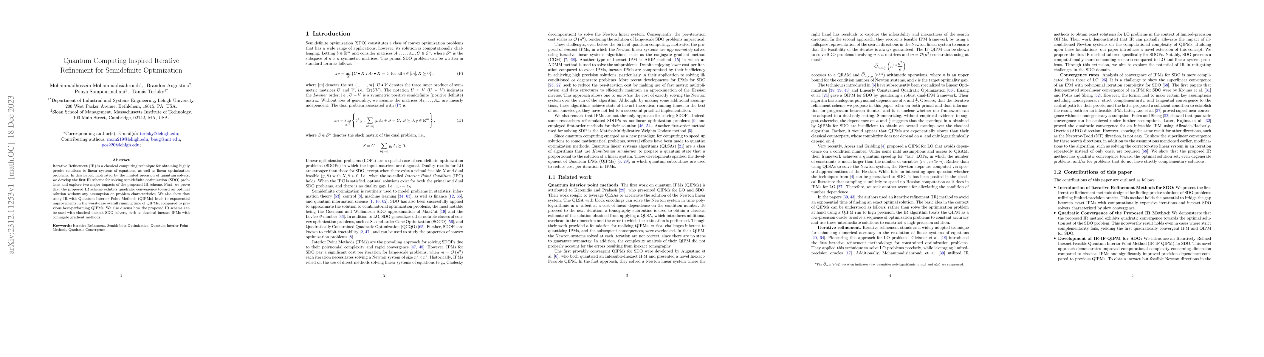 Thumbnail for Quantum Computing Inspired Iterative Refinement for Semidefinite
  Optimization